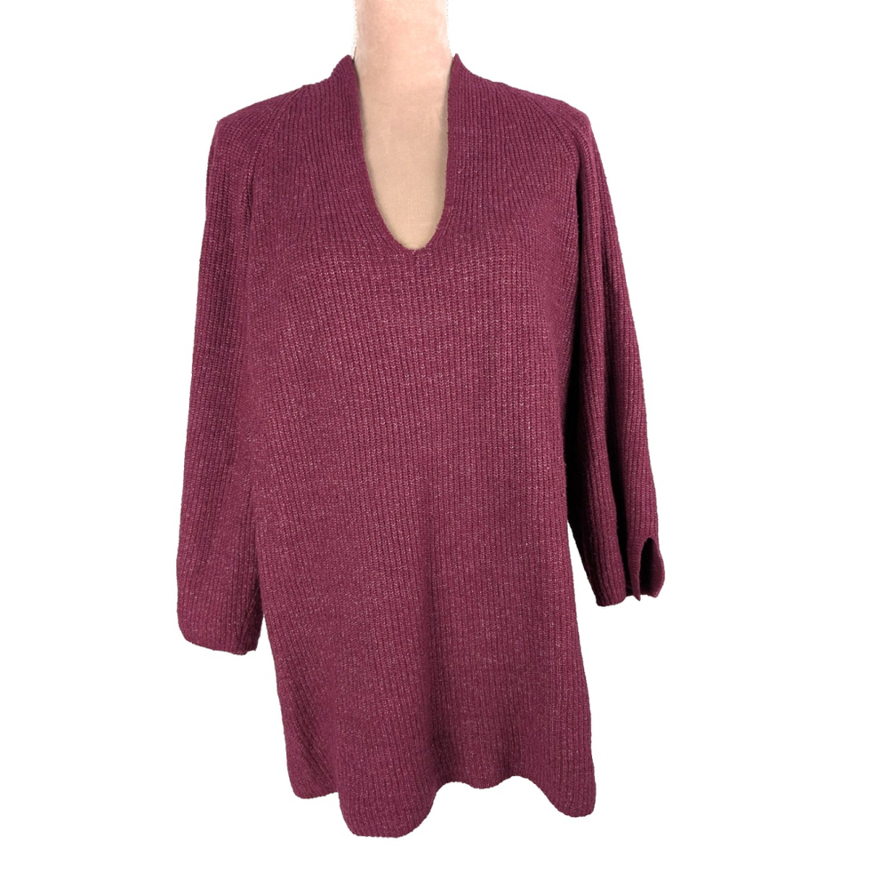 Pure Jill Ribbed V-Neck Tunic Sweater XL Purple Fuchsia Heathered Classic Preppy